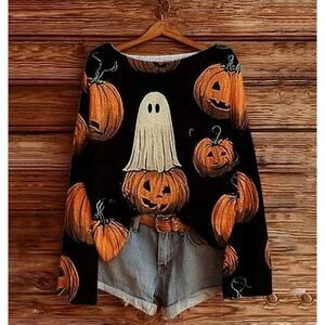 Womans Halloween Graphic Knit Long Sleeve Sweater Pumpkins And Ghosts Black Med